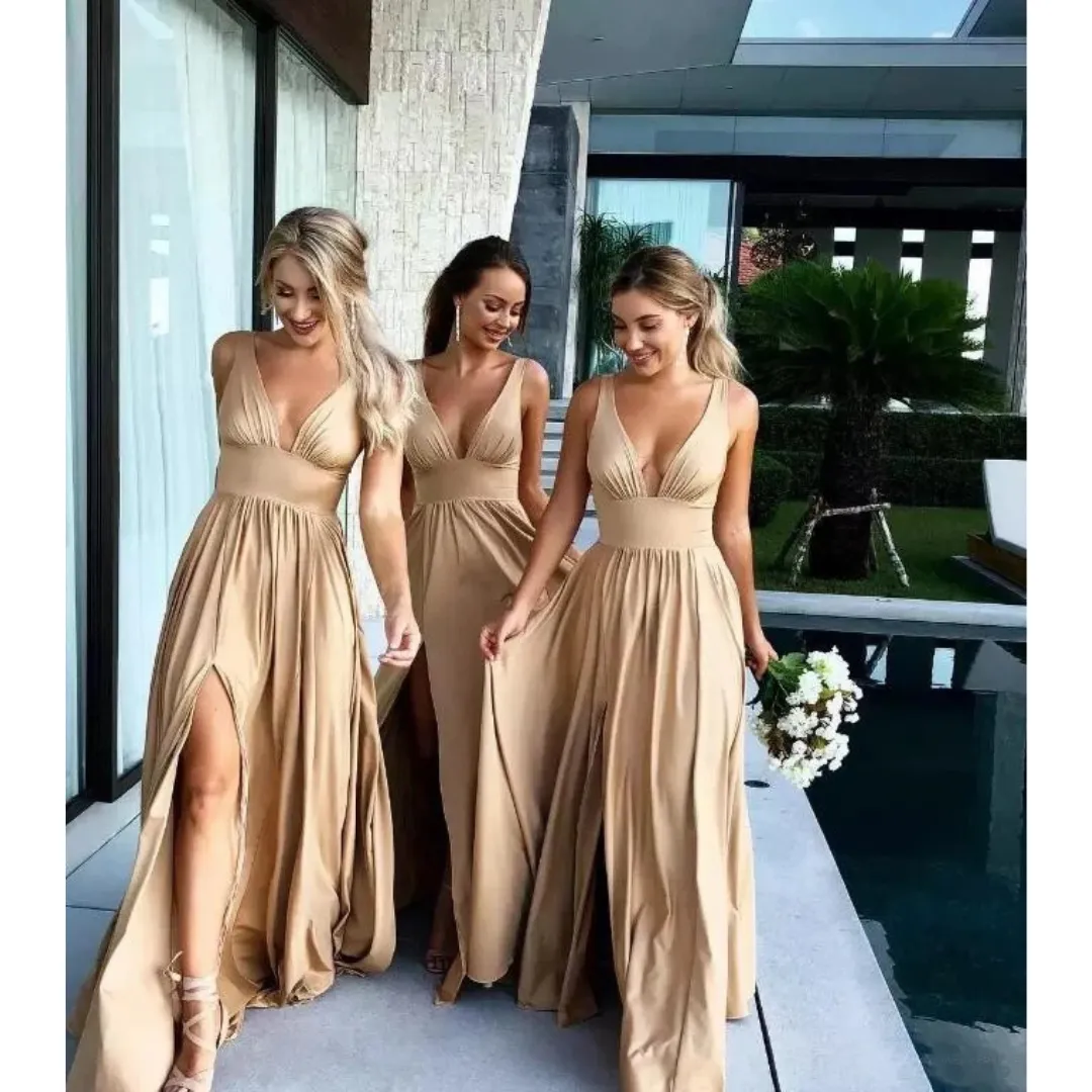 Women's Elegant Plunging Neckline Wedding Guest Slit Dress | Maxi