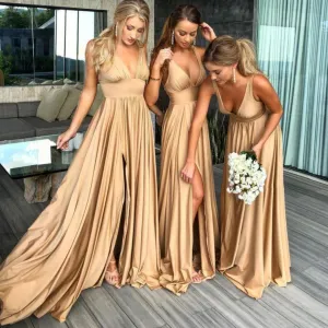 Women's Elegant Plunging Neckline Wedding Guest Slit Dress | Maxi