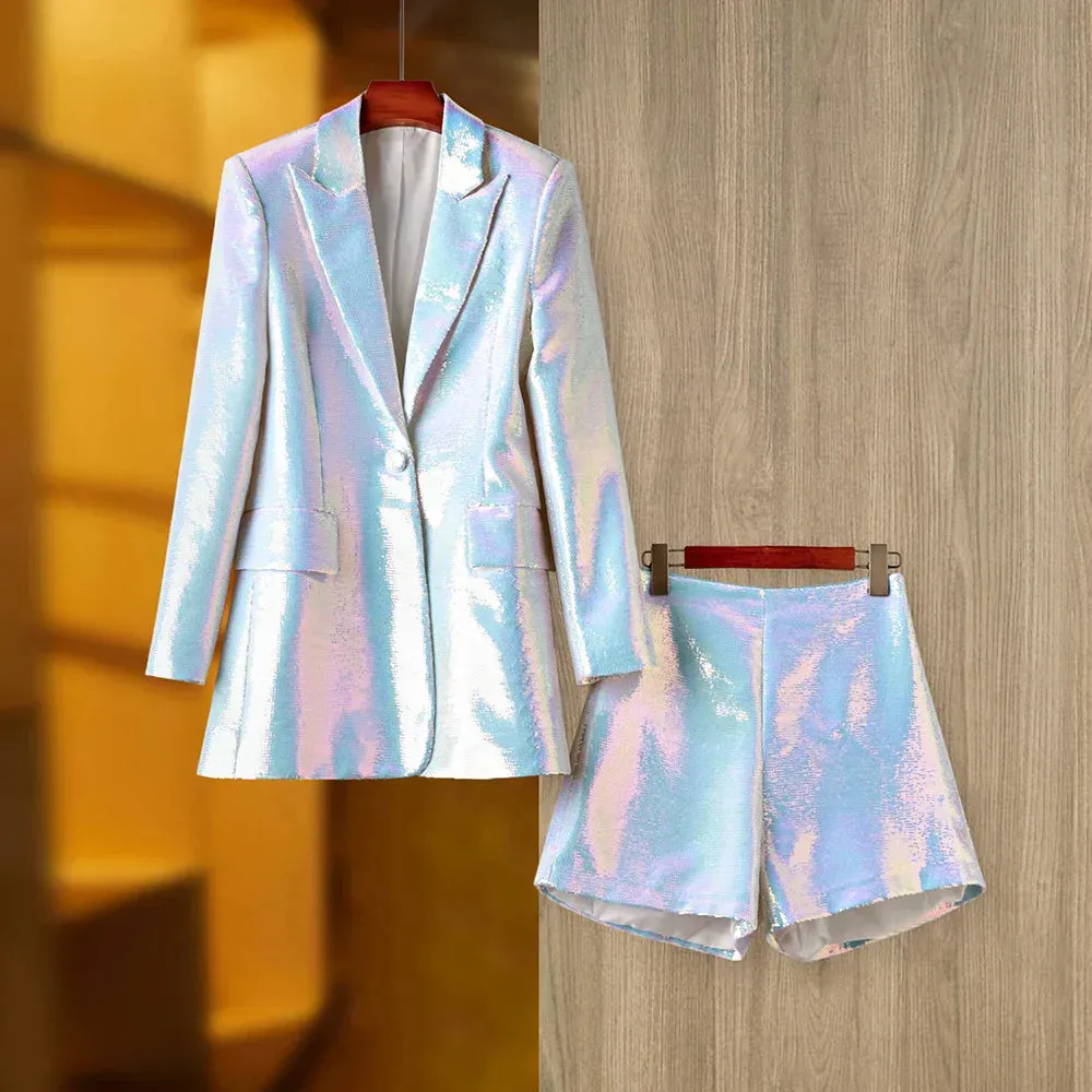 Women's Holographic Blazer & Shorts Set | Bold & Glamorous | Iridescent Finish