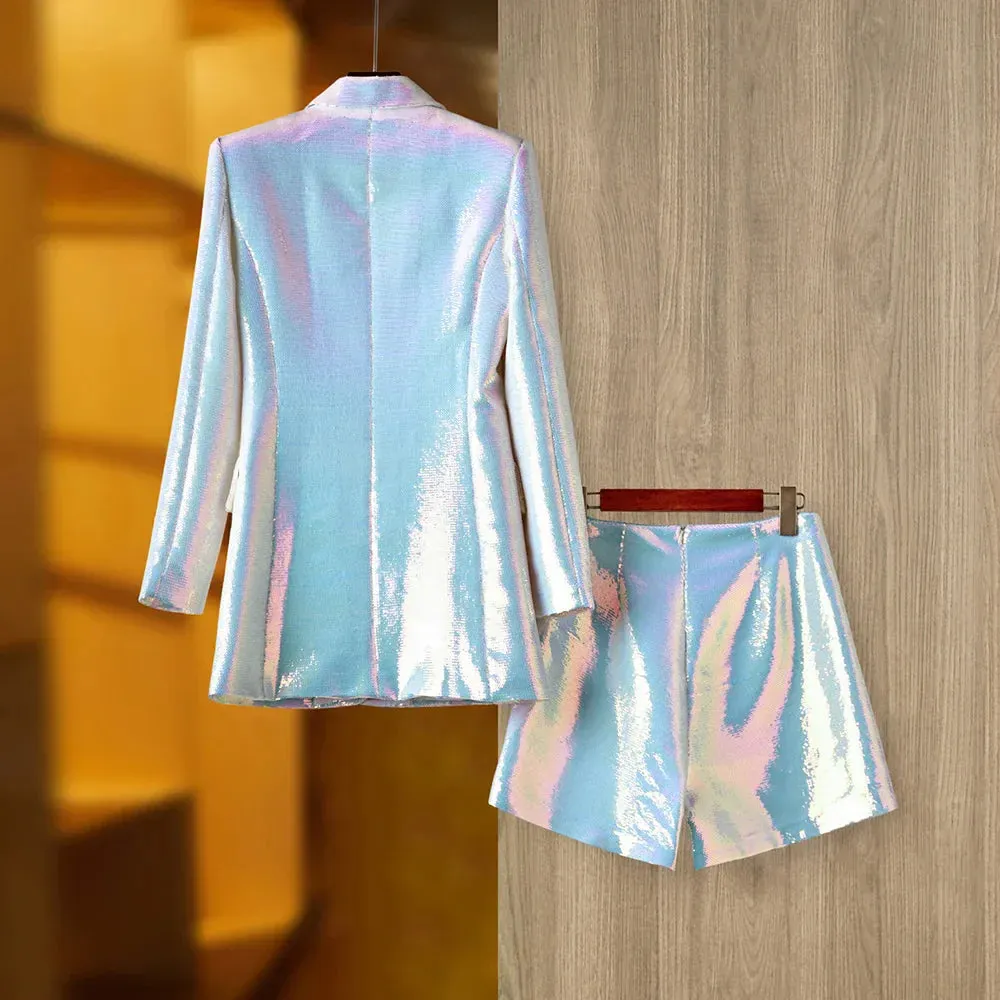 Women's Holographic Blazer & Shorts Set | Bold & Glamorous | Iridescent Finish