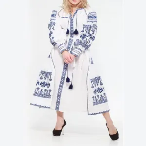 Women's Long Sleeves White Dress With Blue Embroidery