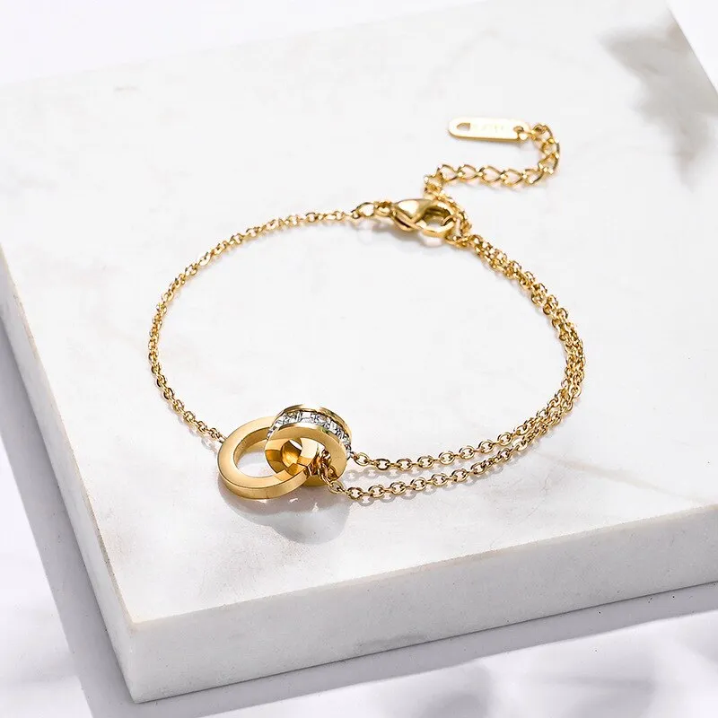 Women's Roman Numerals Chain Bracelet with Cubic Zirconia and Titanium Steel Charms