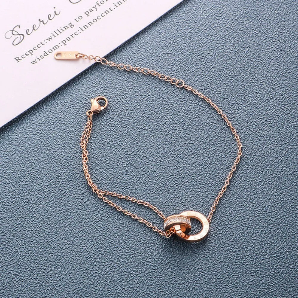 Women's Roman Numerals Chain Bracelet with Cubic Zirconia and Titanium Steel Charms