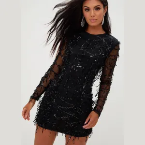 Women's Sequined Long Sleeve Party Black Dress | Mini