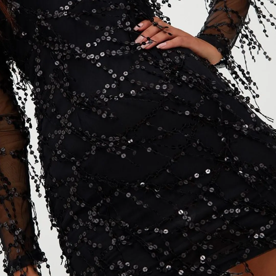 Women's Sequined Long Sleeve Party Black Dress | Mini