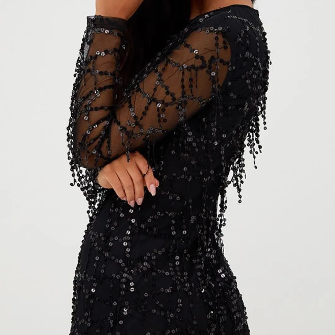 Women's Sequined Long Sleeve Party Black Dress | Mini