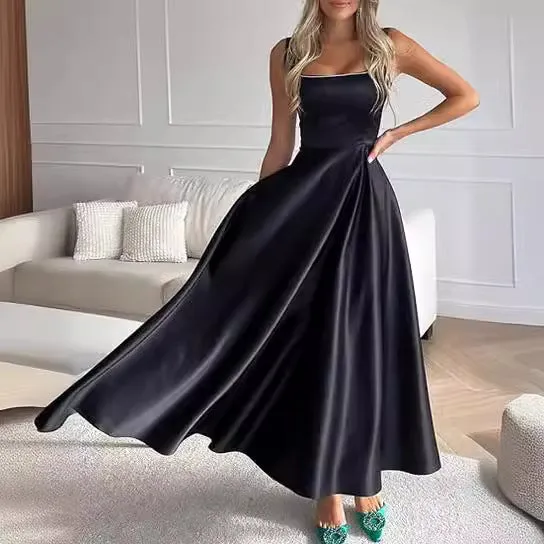 Women's Square Collar Long Low Cut Sleeveless Dress Corset
