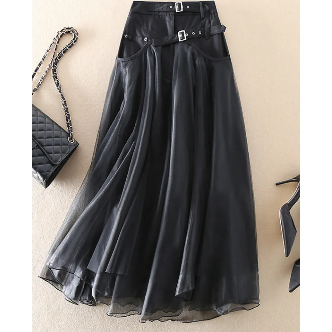 Women's Stylish Belted Style High Waisted Midi Skirt | Layered