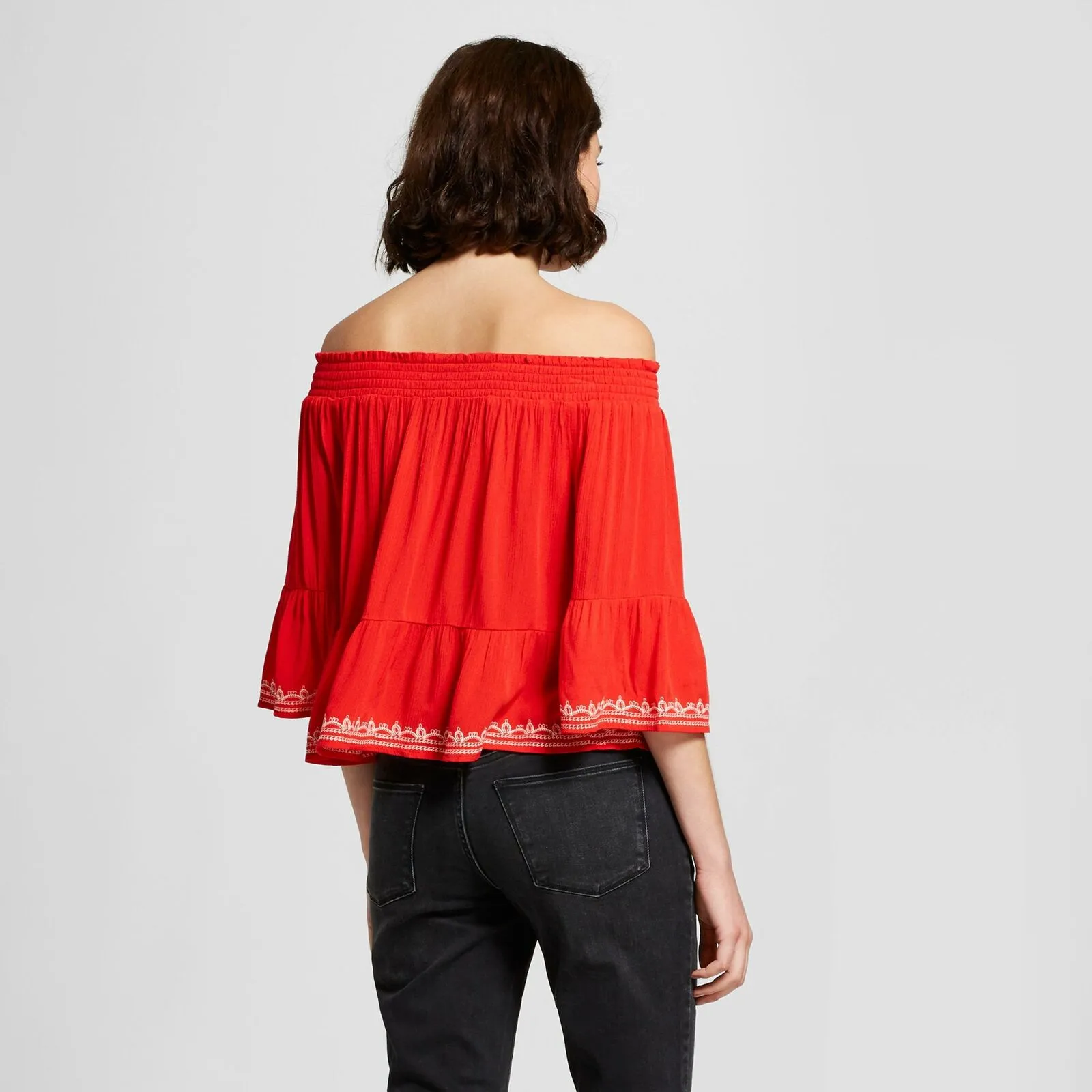Xhilaration Women's Off Shoulder Embroidered Bell Sleeve Top Shirt Blouse